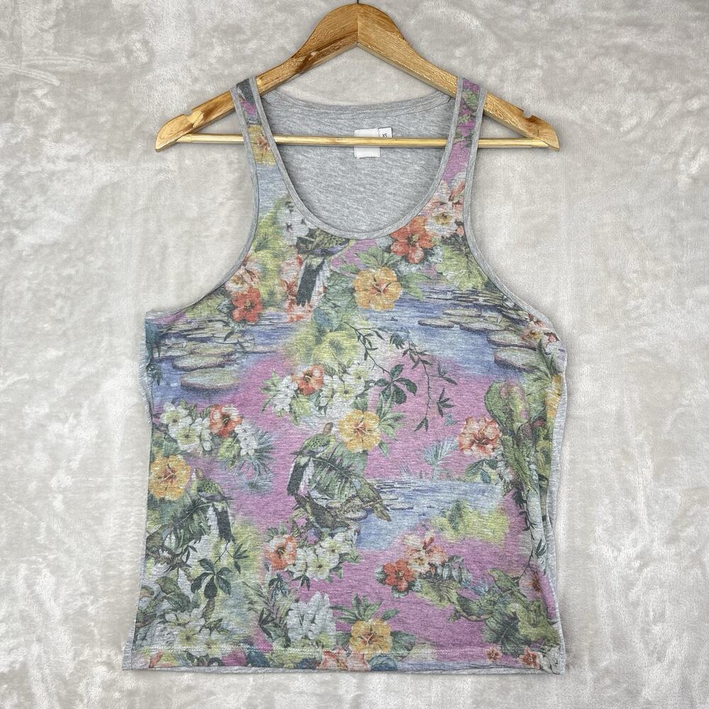 ASOS Floral Bird Hawaiian Tank Top men's XS Y2K White Lotus Style Indiecore